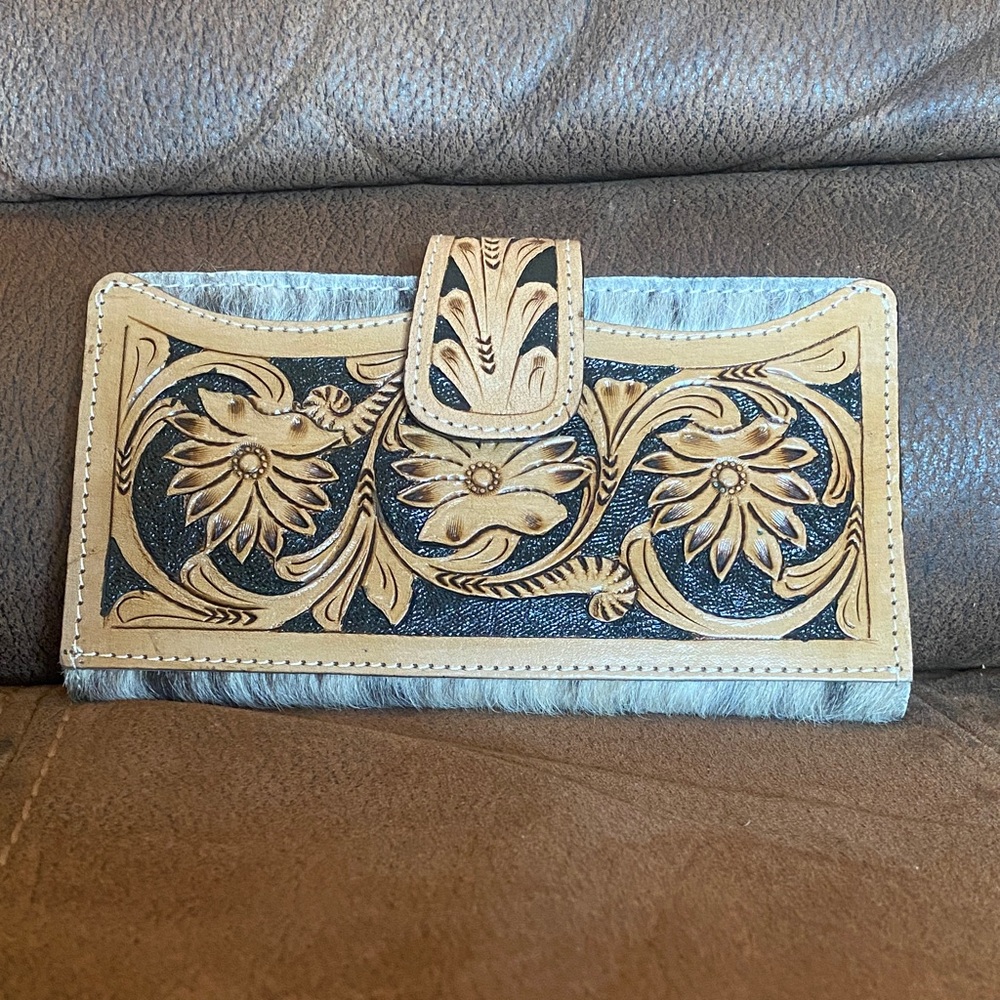 Floral Tooled Leather with cowhide Wallet